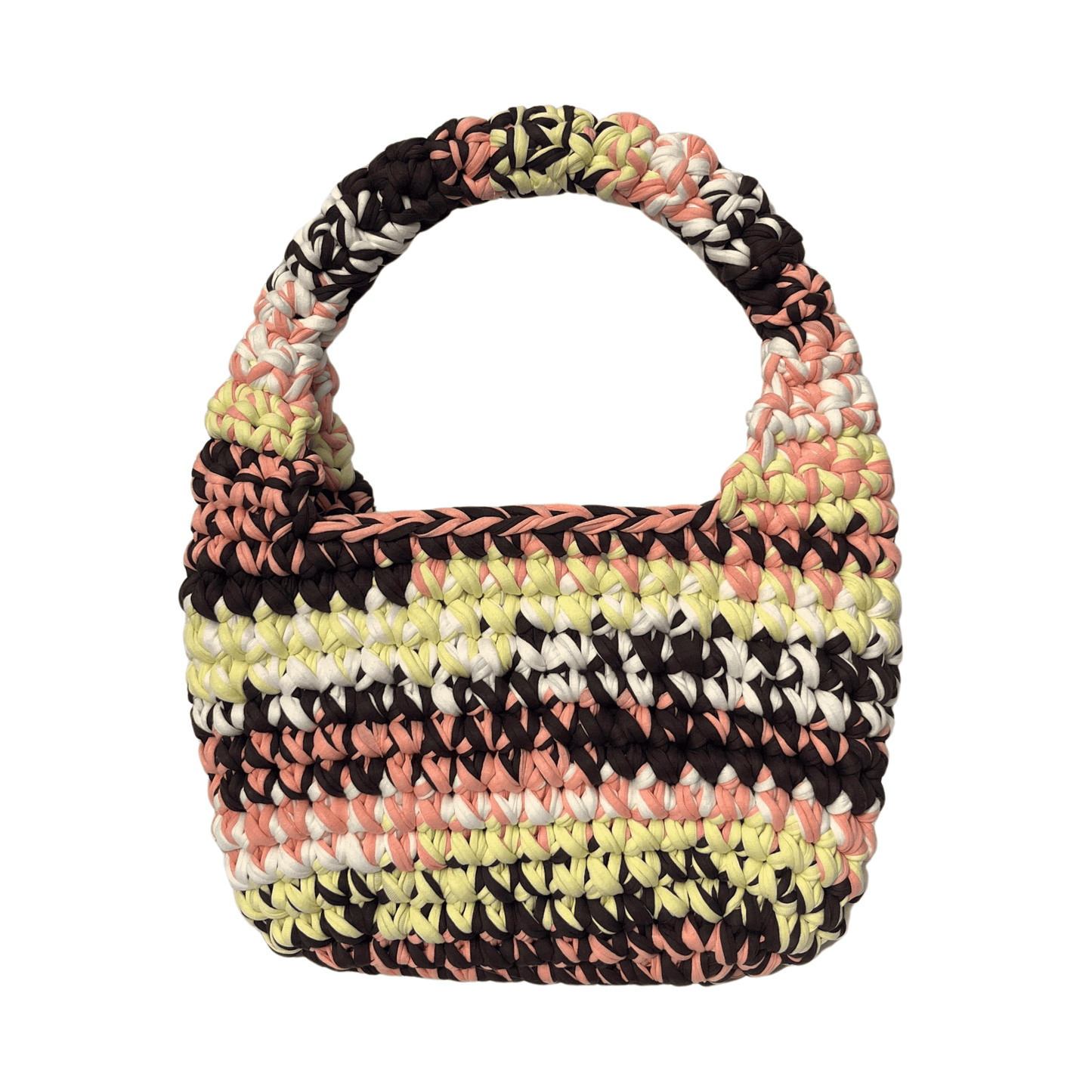 Festnetz LILO BAG - Handmade Crochet Shoulder Bag, Brown, Peach & Yellow, Front