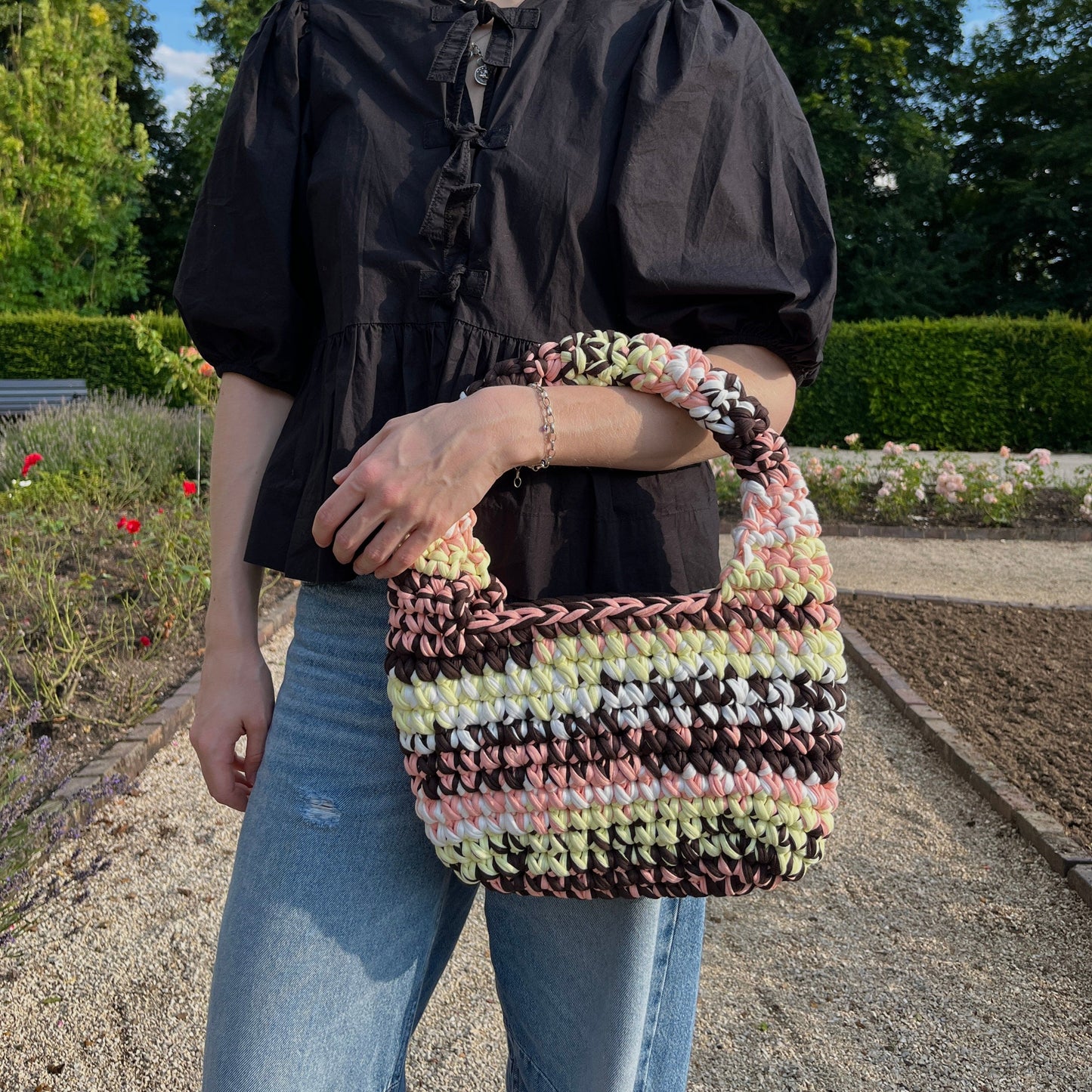 Festnetz LILO BAG - Handmade Crochet Shoulder Bag, Brown, Peach & Yellow, Hanging
