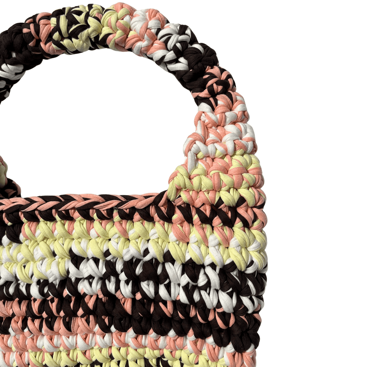 Festnetz LILO BAG - Handmade Crochet Shoulder Bag, Brown, Peach & Yellow, Close up