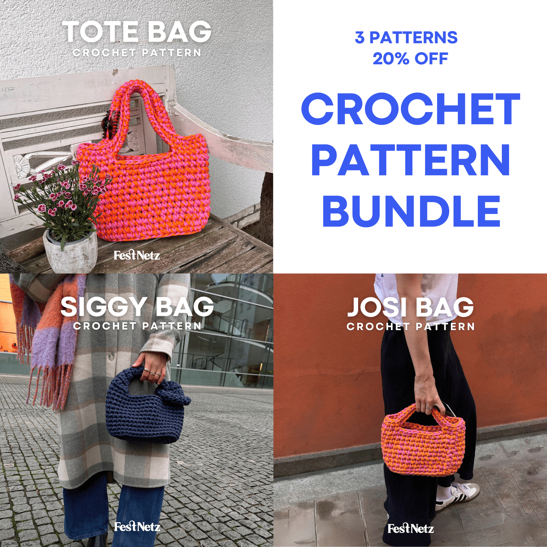 3 CROCHET BAG PATTERN BUNDLE | FestNetz Shop