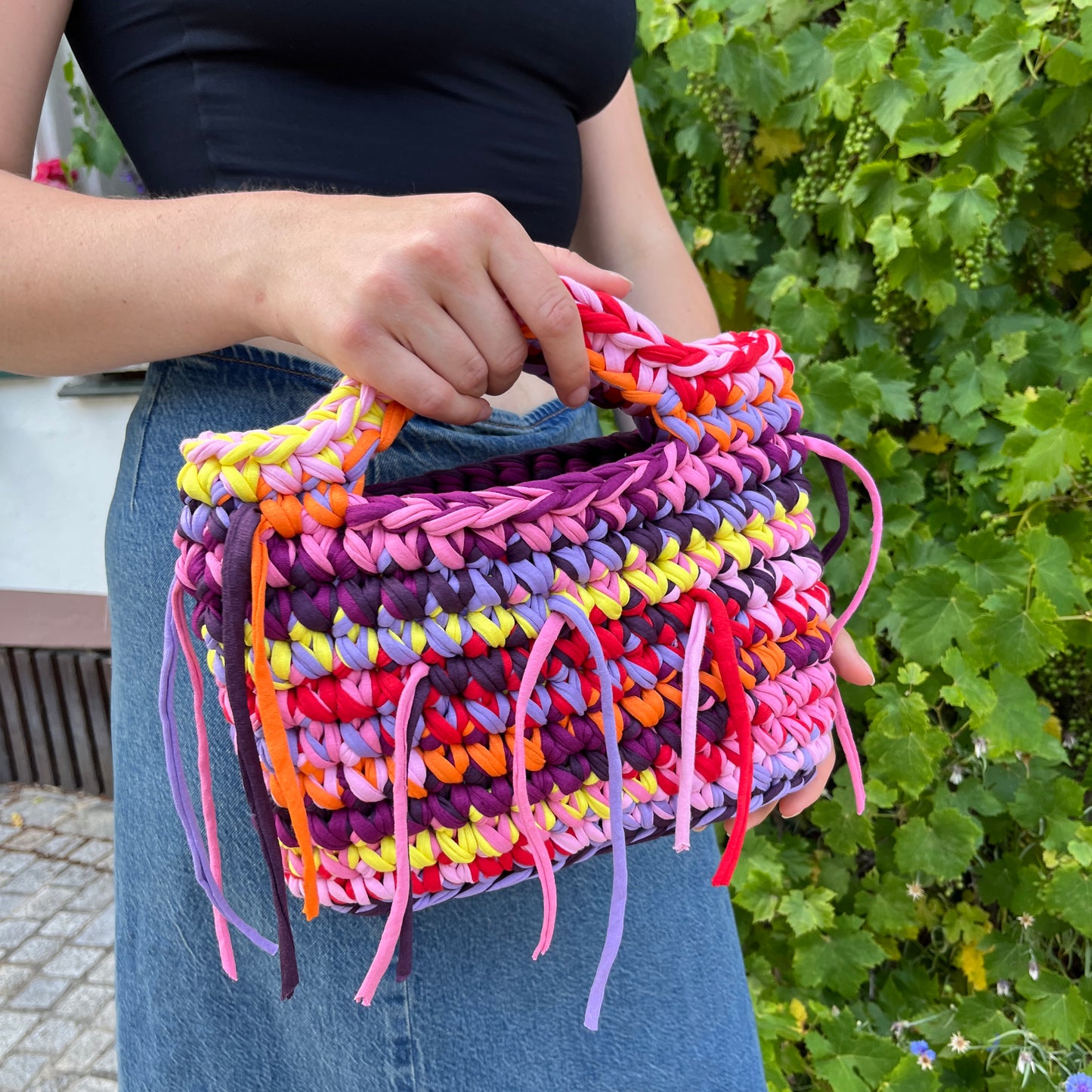 JOSI BAG - Small Handmade Crochet Bag in Lilac Tones with Fringe