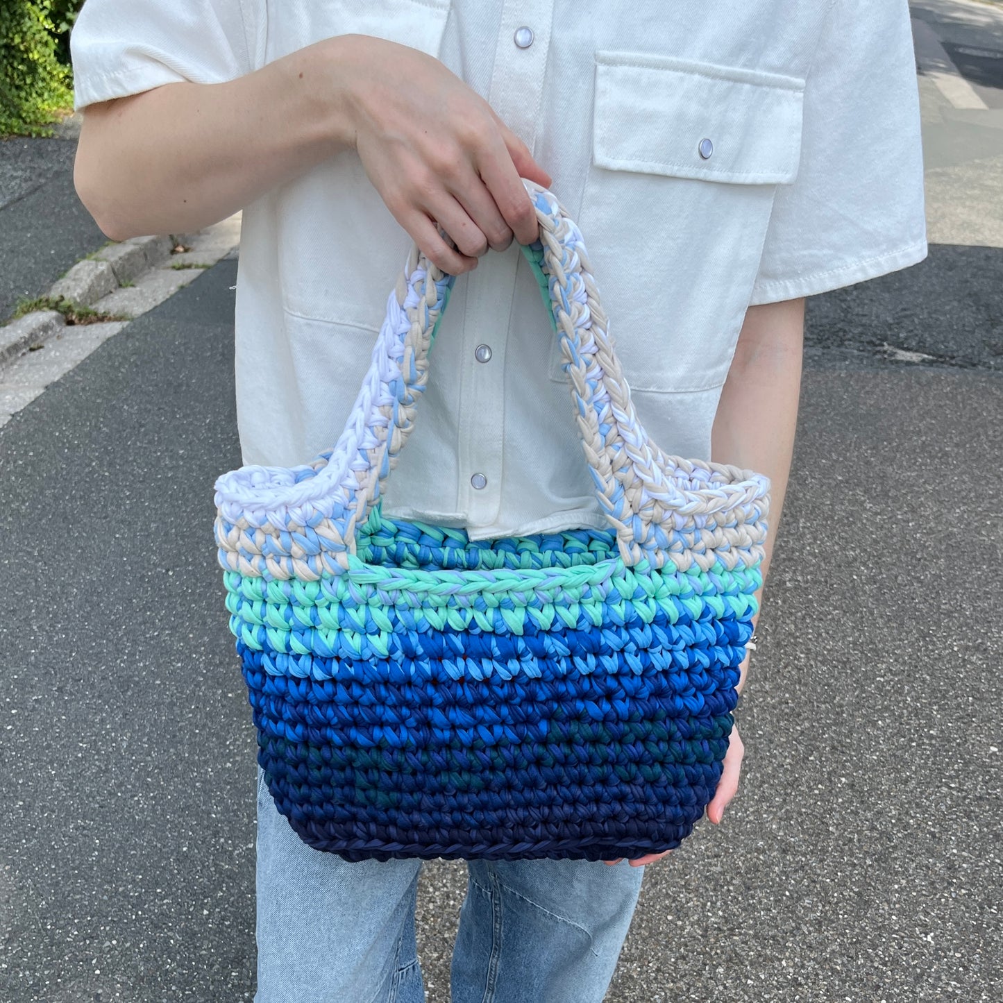 TOTE BAG - Handmade Crochet Shopper Bag in Blue Tones