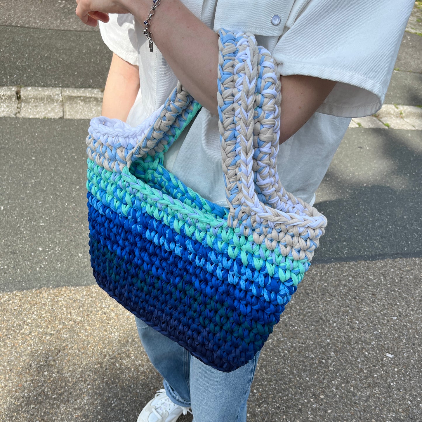 TOTE BAG - Handmade Crochet Shopper Bag in Blue Tones