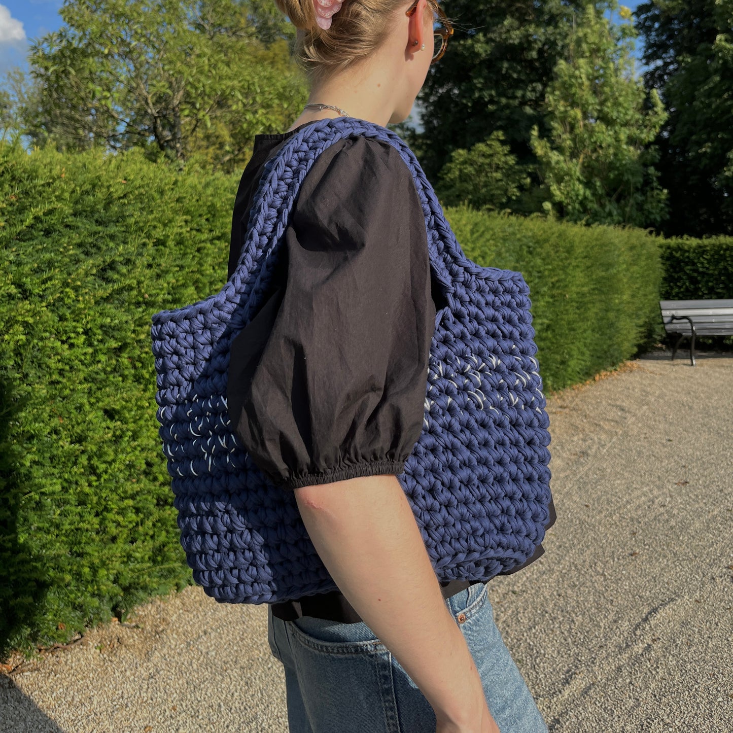 TOTE BAG - Handmade Crochet Shopper Bag in Navy Blue with White Details