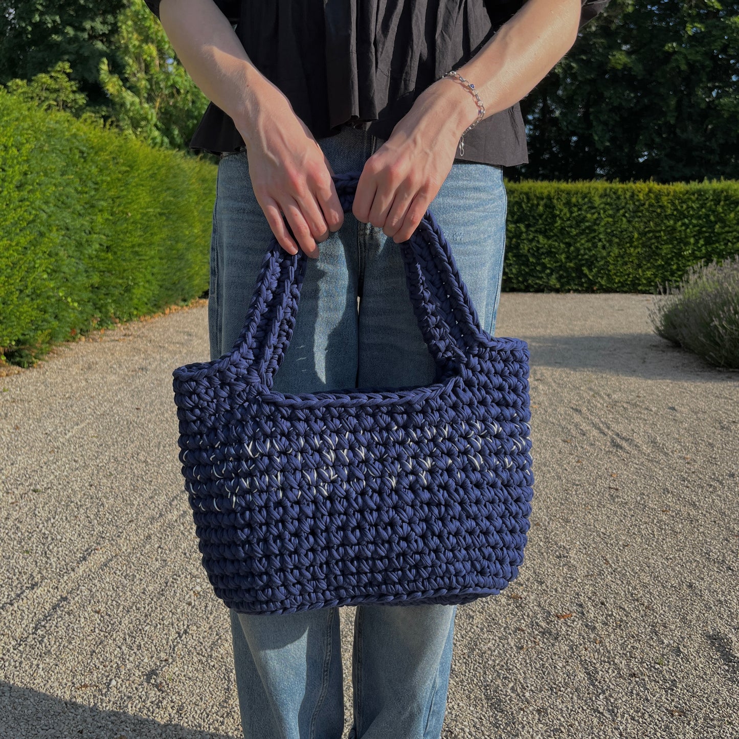 TOTE BAG - Handmade Crochet Shopper Bag in Navy Blue with White Details